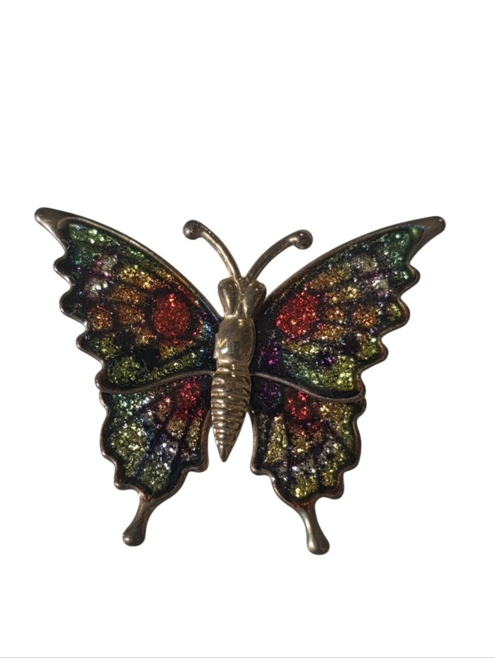 Vintage Enamel Butterfly Glitter Pin Brooch Blue Red/ Green Yellow Shimmery